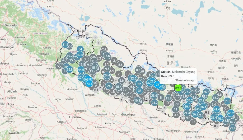 पछिल्लो २४ घण्टामा मेलम्ची-घ्याङमा सर्वाधिक वर्षा
